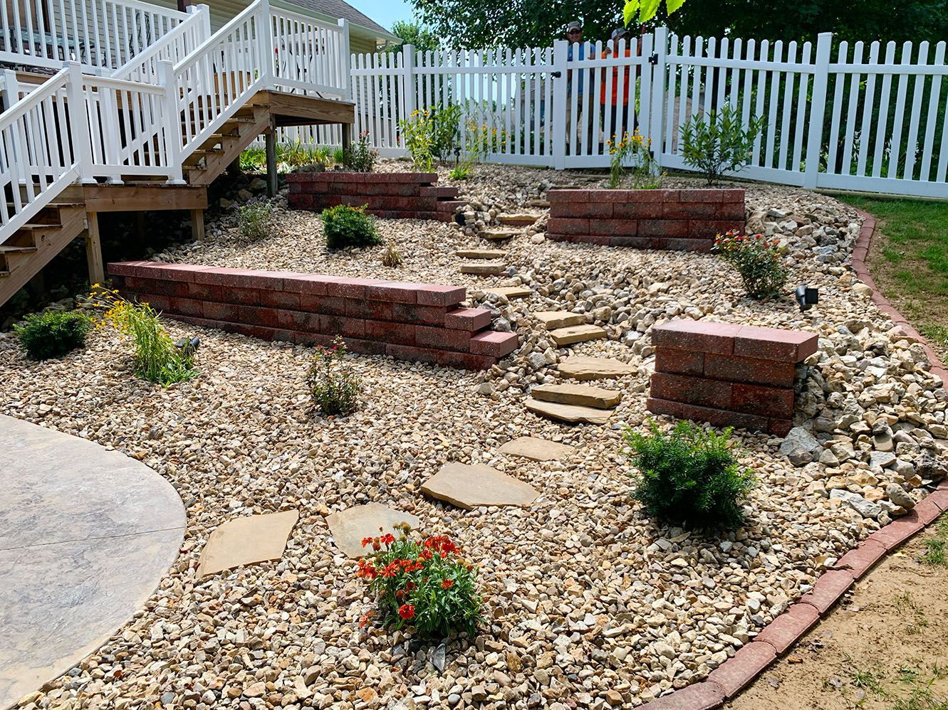 A tiered backyard landscape with stone retaining walls, a gravel path, stepping stones, and small plants under a deck.