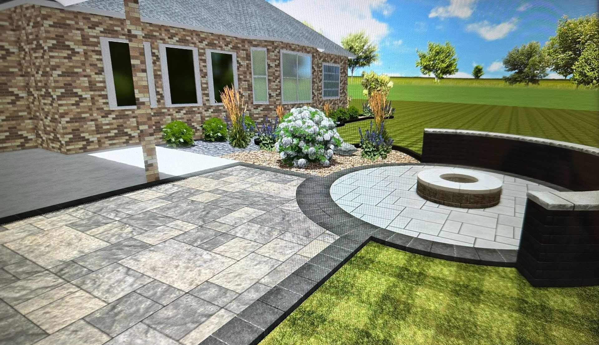 A 3D design of a backyard patio featuring paved stone, a circular fire pit area with a curved wall, and landscaping.
