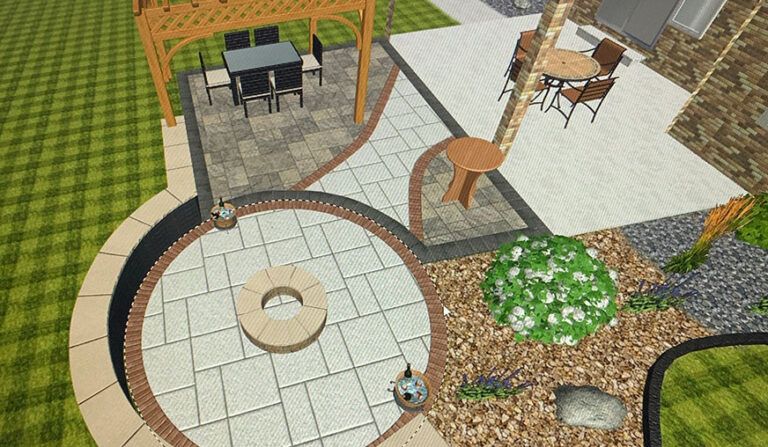 A 3D landscape design rendering showing a patio with a fire pit, a dining area under a pergola, and a stone seating area.