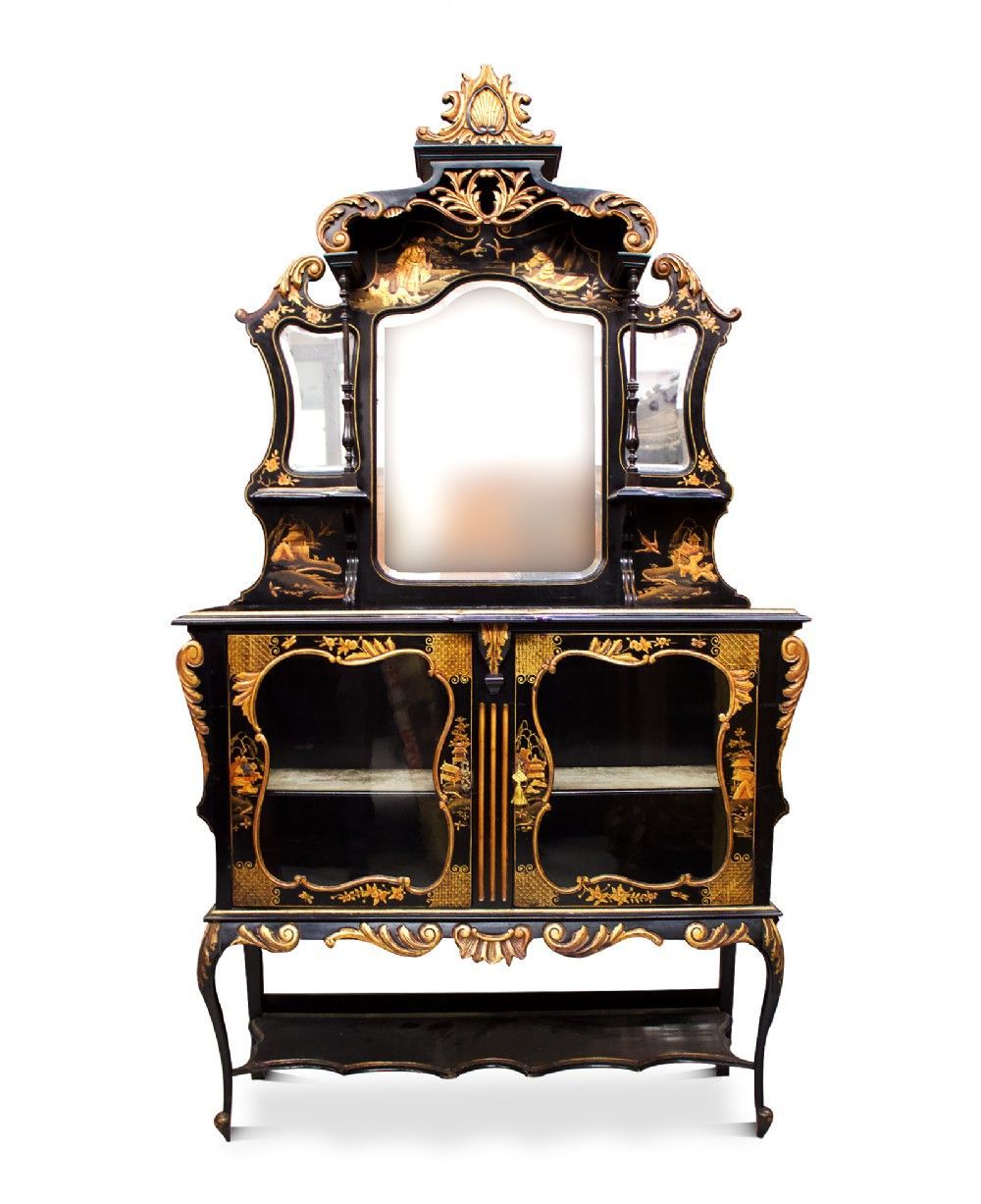 Antique Chinoiserie Decorated Lacquered Ebonised Cabinet