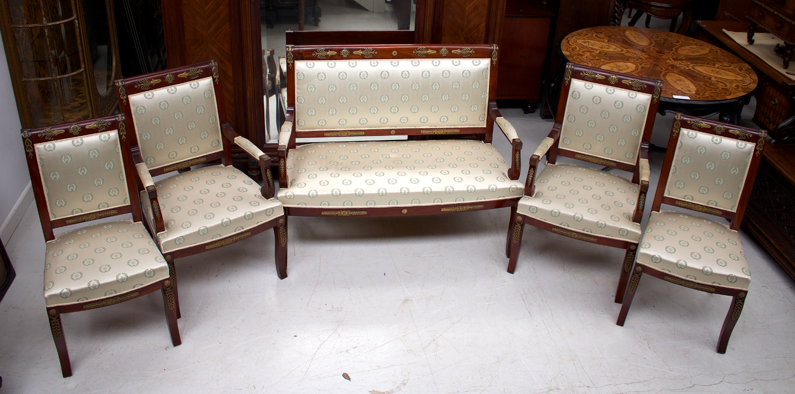Antique Mahogany Empire Style Five Piece Suite Settee & Chairs