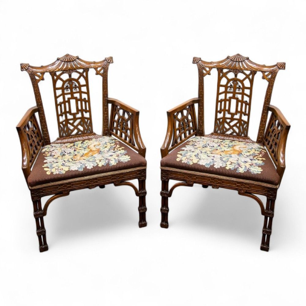 Antique Pair Of Chinese Chippendale Style Arm Chairs