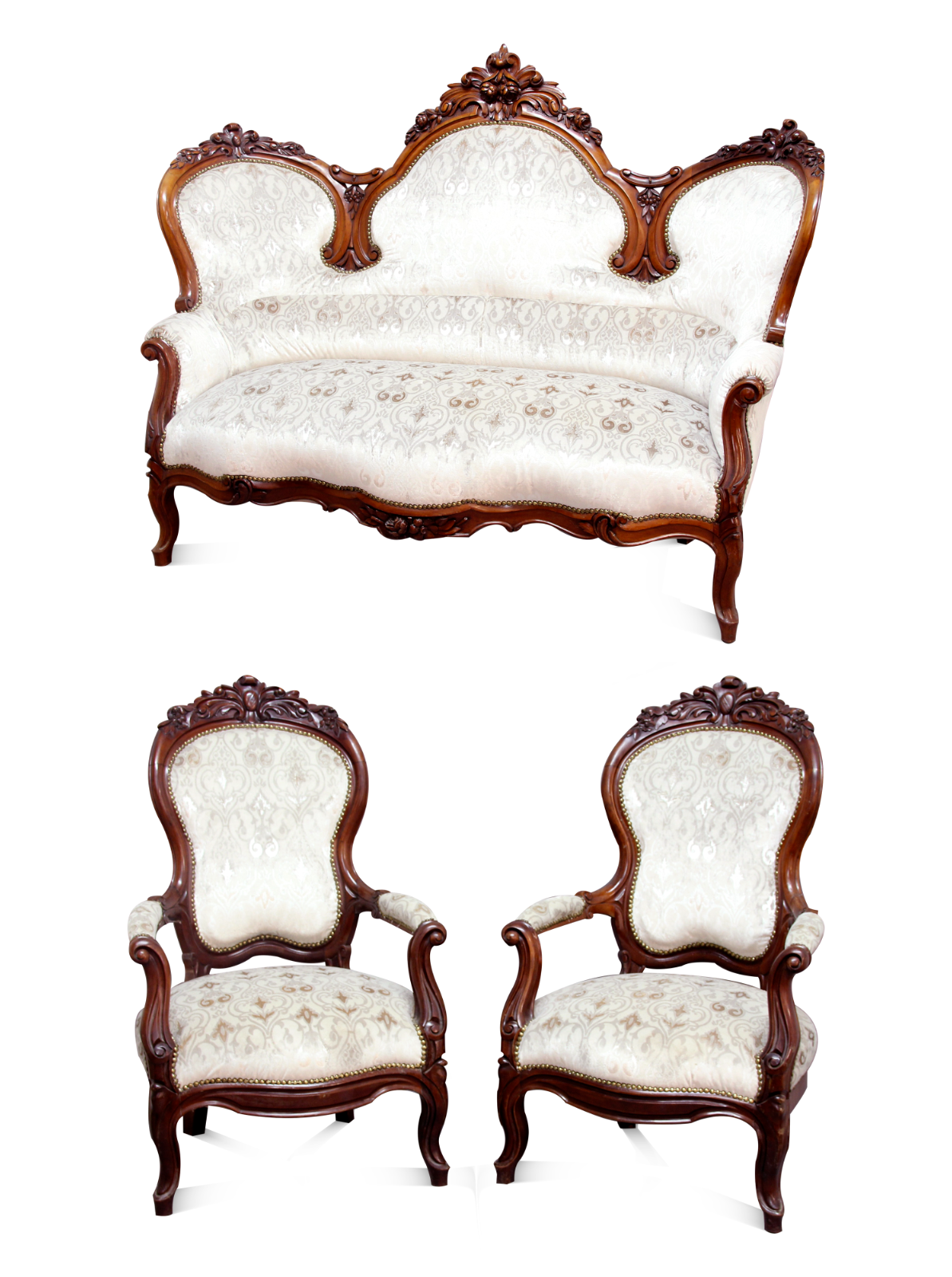 Antique Victorian Carved Mahogany Three Piece Salon Suite Settee Chairs