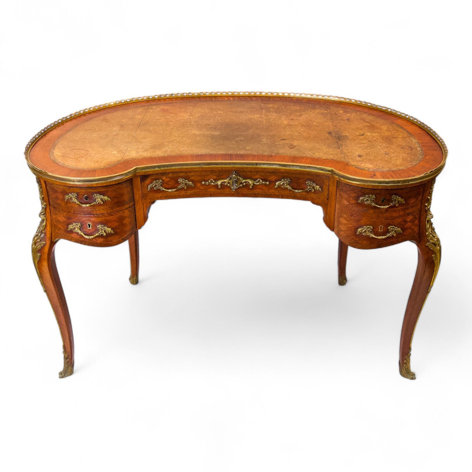 19th century parquetry inlaid kidney shaped desk