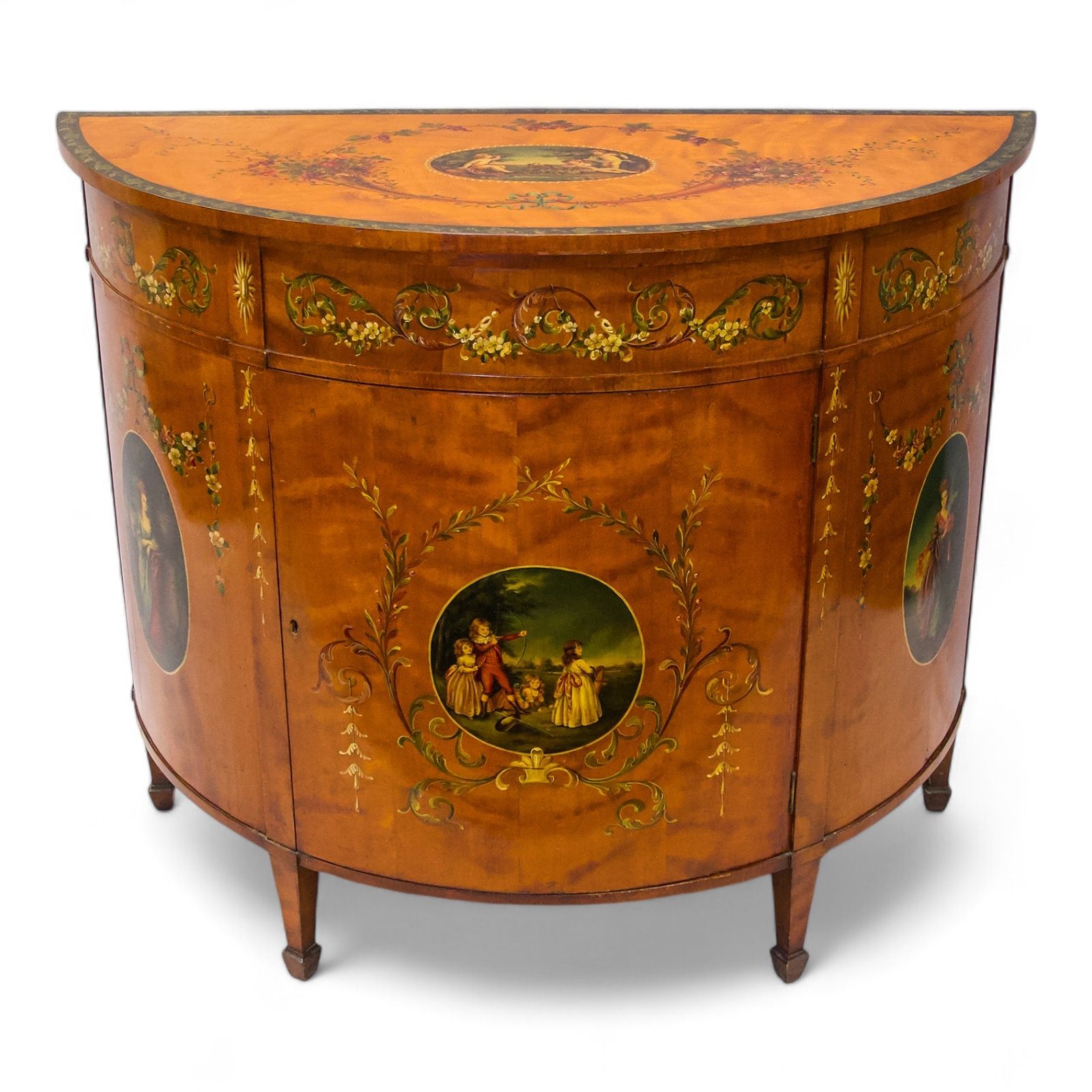 satinwood painted demi lune side cabinet commode