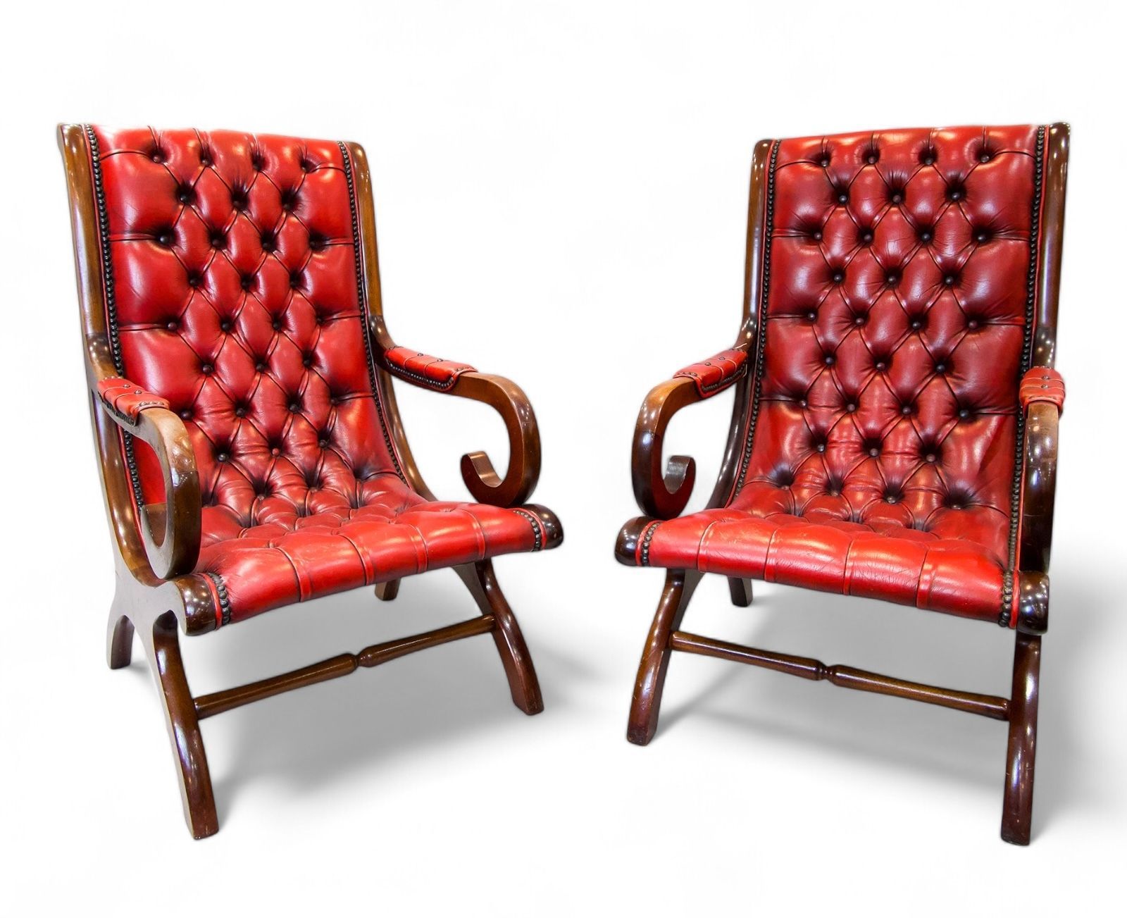 pair of ox blood leather chesterfield style slipper chairs 