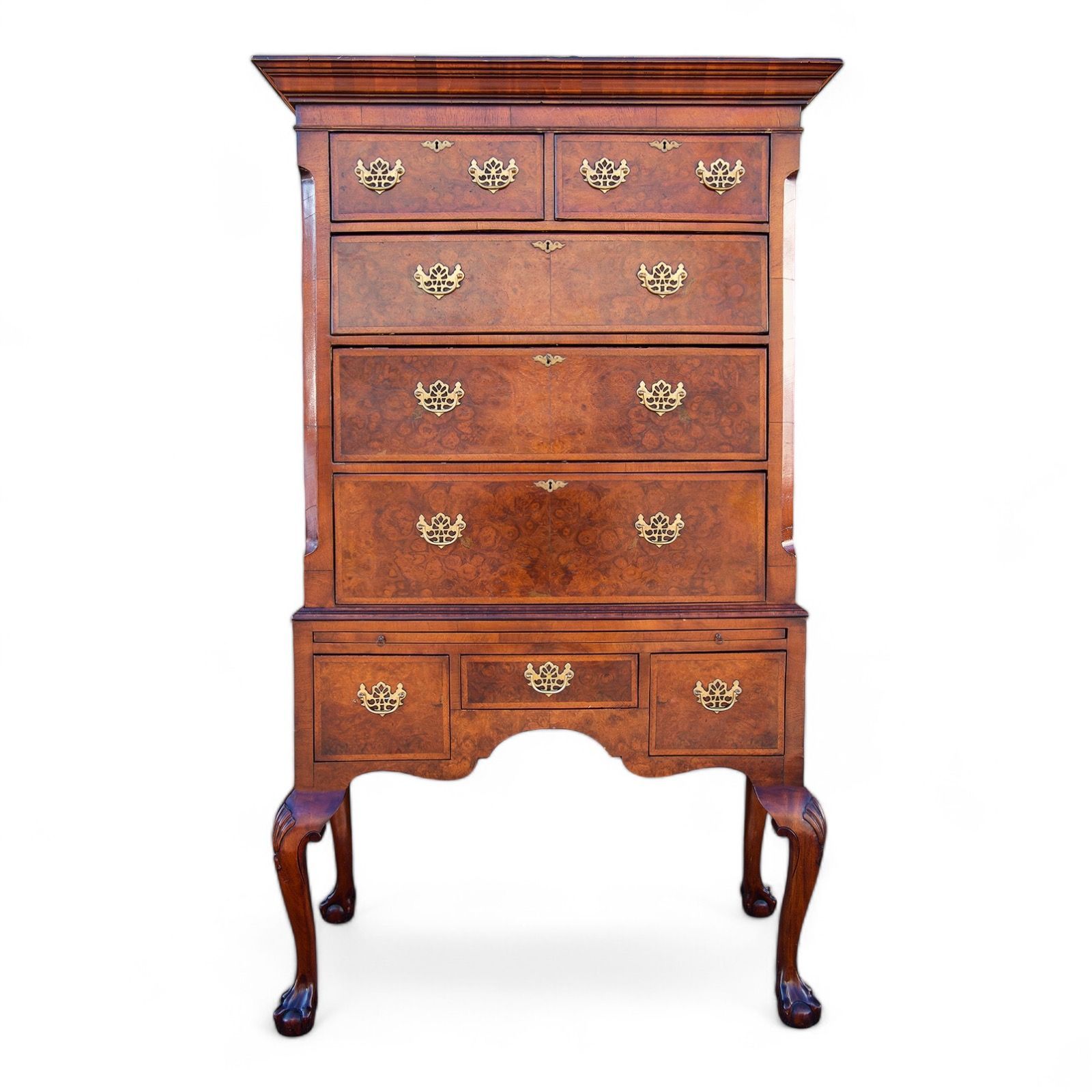 vintage burr walnut queen anne style chest on stand