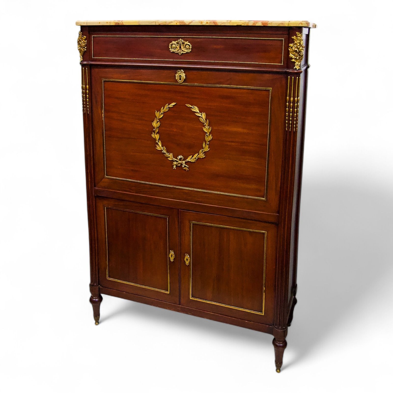  Quality French Marble Top Mahogany Secretaire Abattant With Fine Quality Gilt Bronze Mounts
