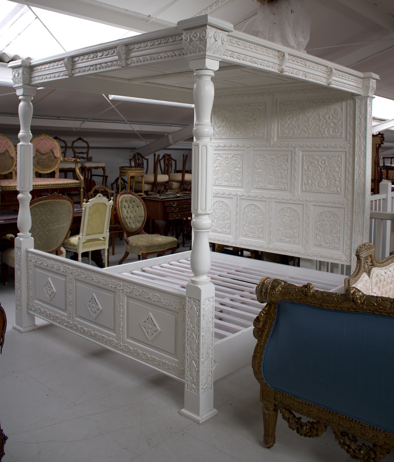 Large Painted Carved Decorated Four Poster Super King Bed