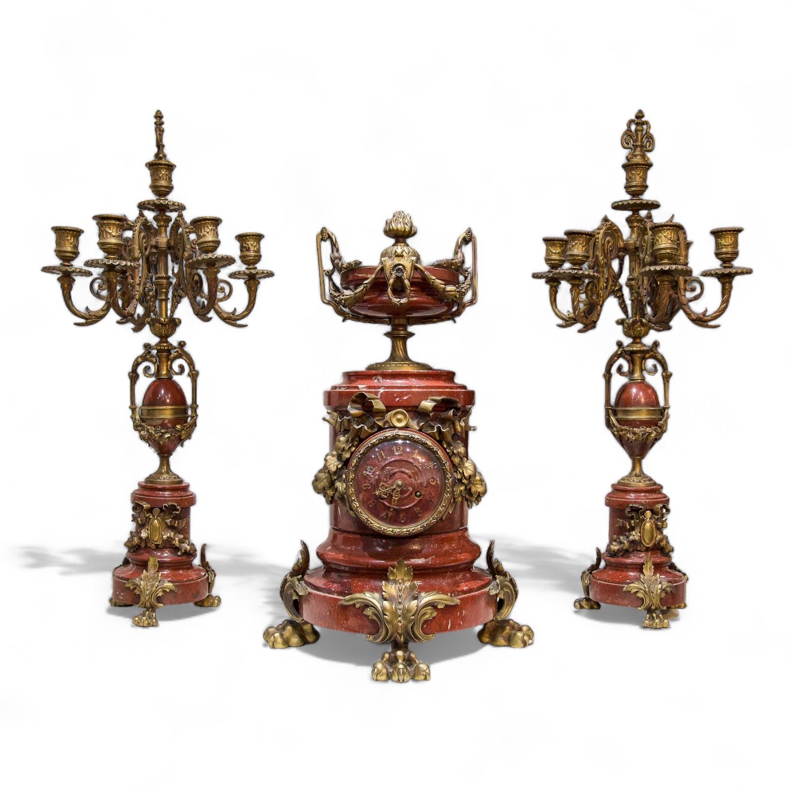 french rouge marble and ormolu clock set