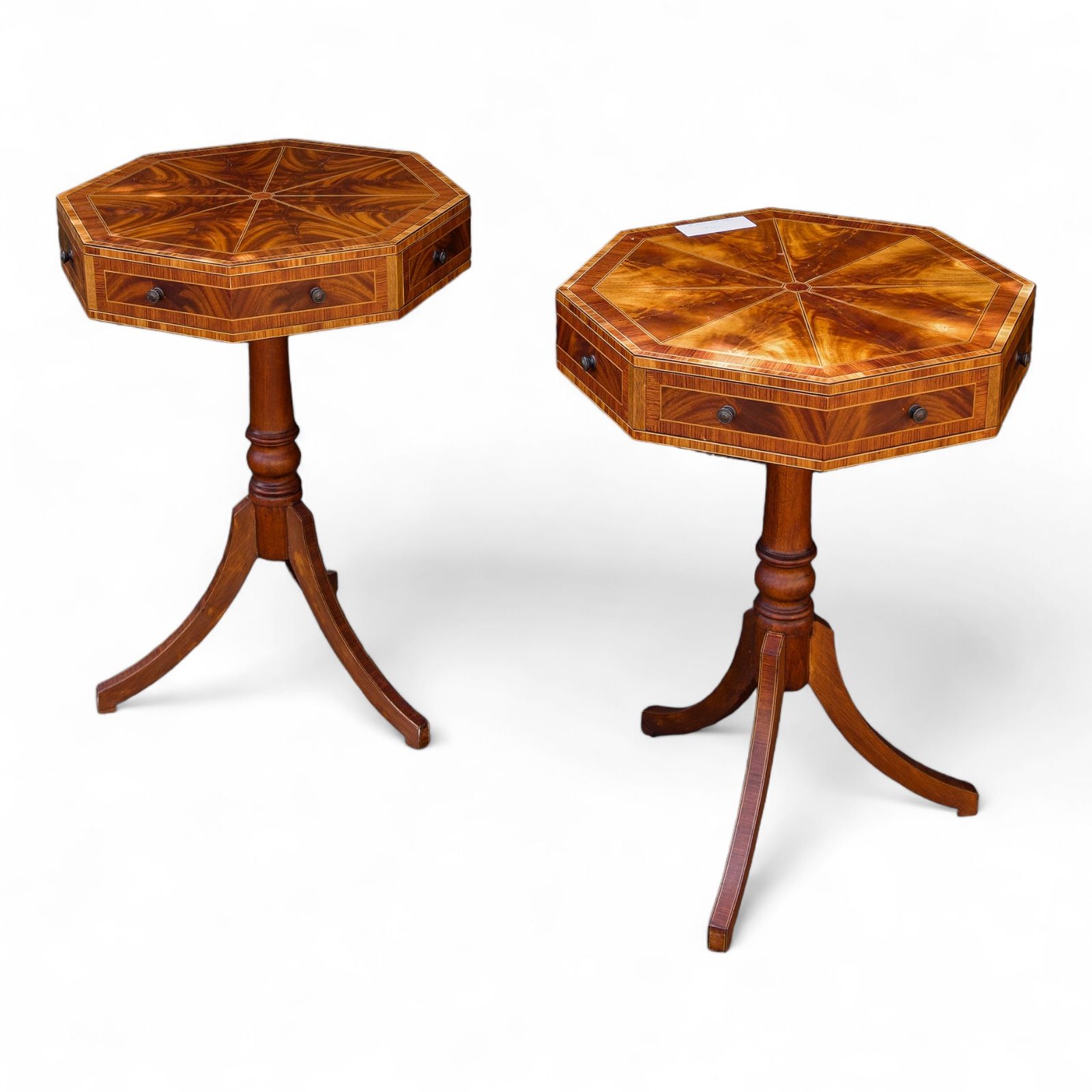 pair of flamed mahogany drum tables