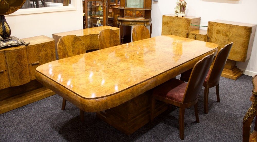 Stunning Antique Art Deco Burr Walnut 12-piece Dining Suite - Sideboard, Cabinets, Table, And Chairs