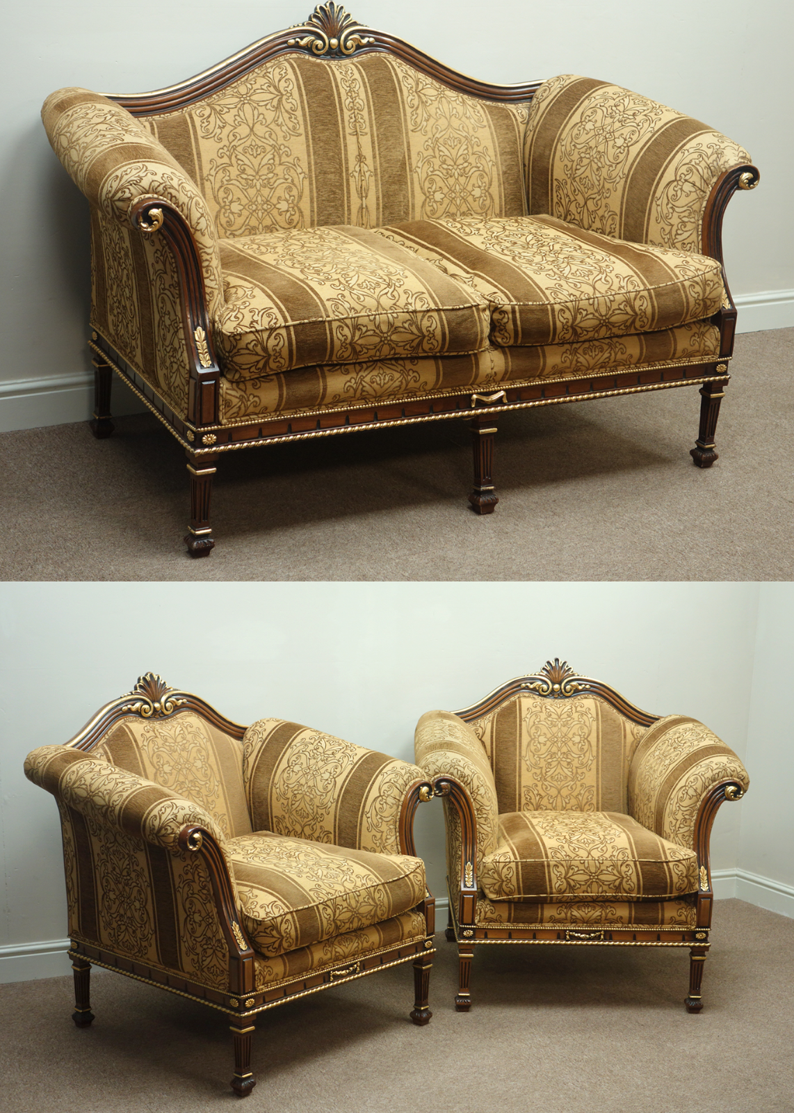 Vintage Settee & Chairs Elegant Italian Style Carved Walnut and Gilt Set