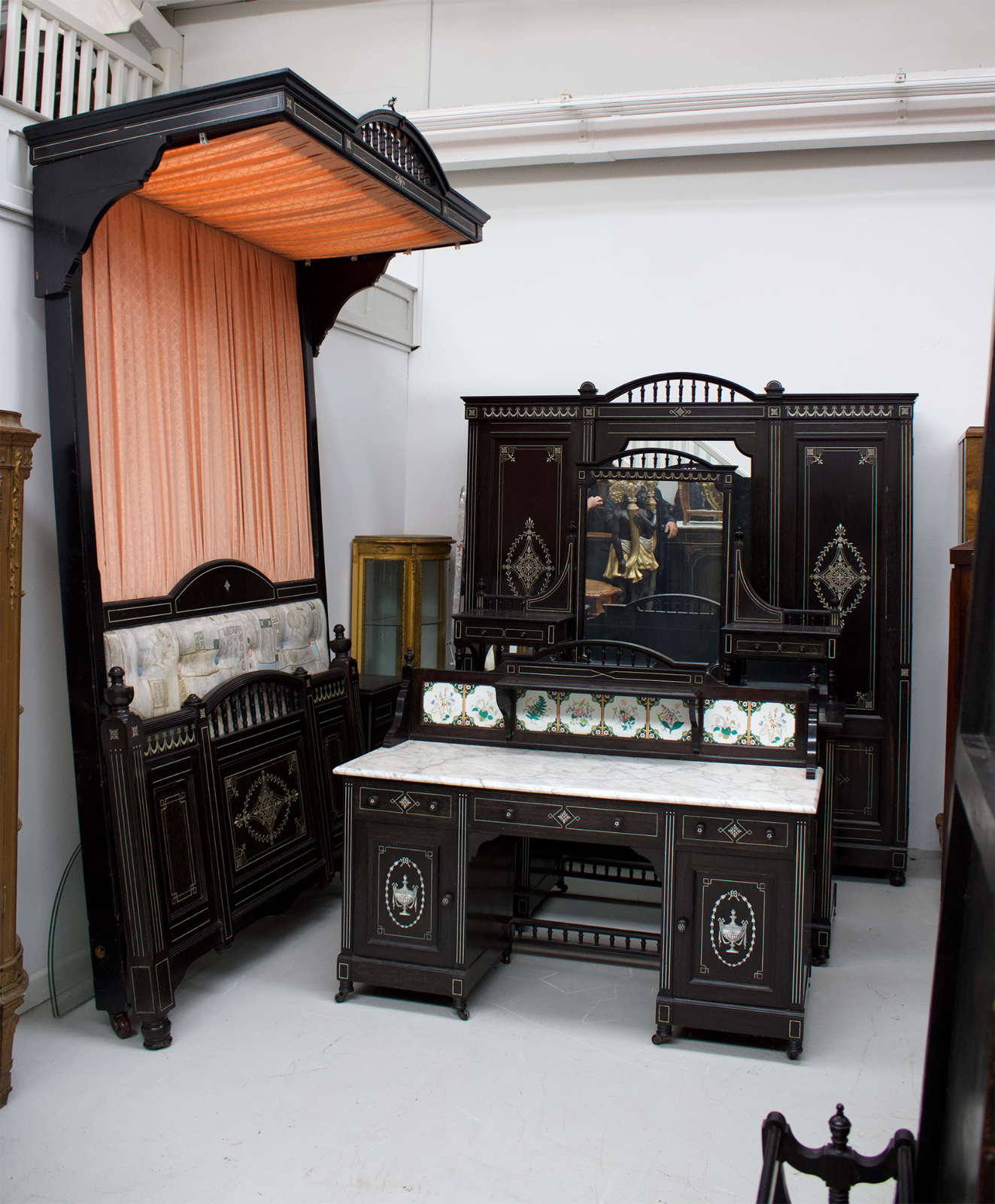 ebonised inlaid bedroom suite bed wardrobe dressing table