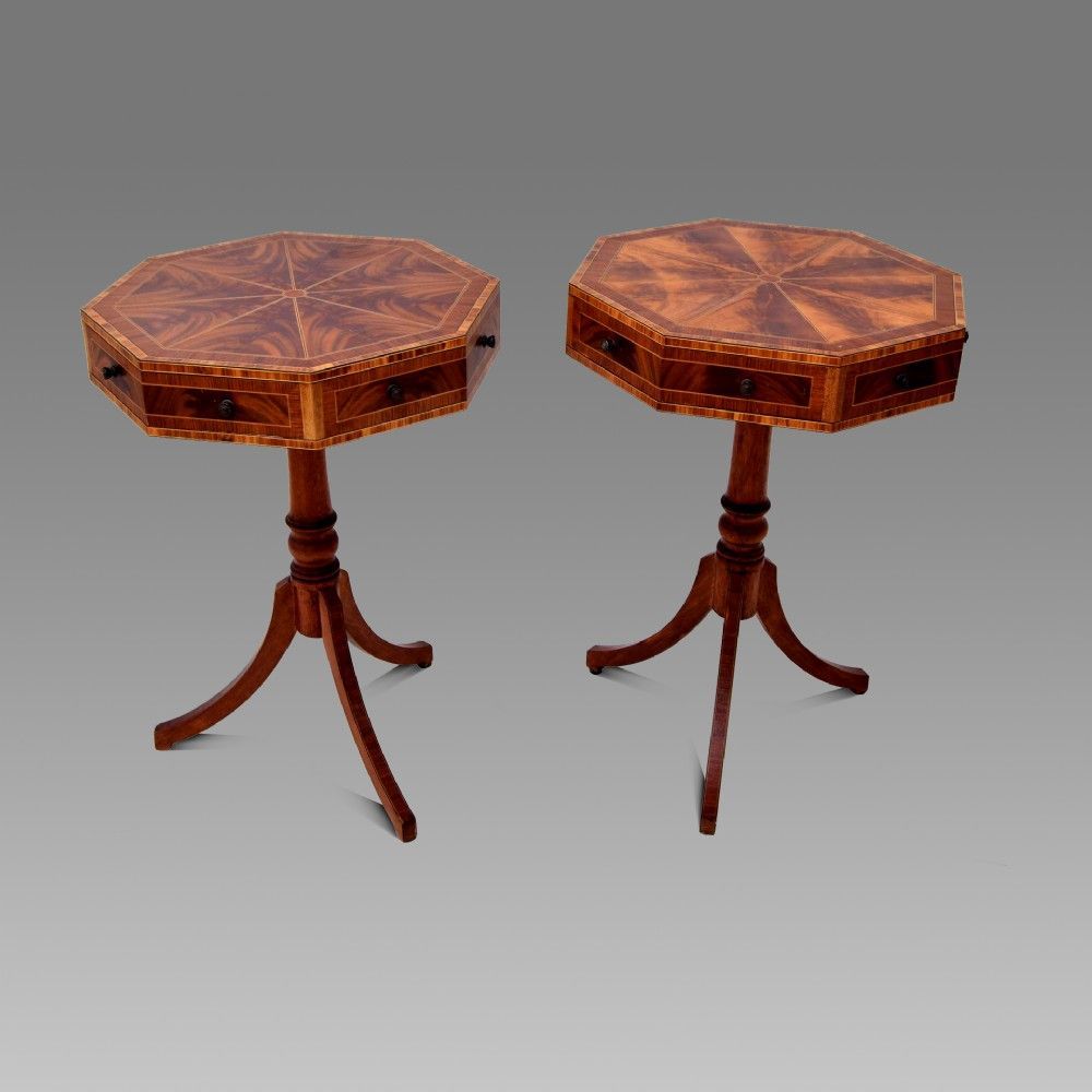 pair of flamed mahogany drum tables