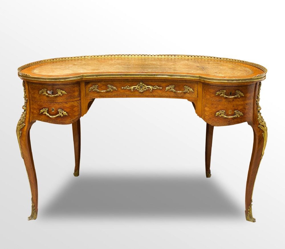 19th century parquetry inlaid kidney shaped desk