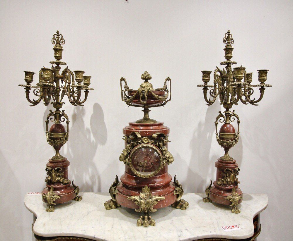 french rouge marble and ormolu clock set