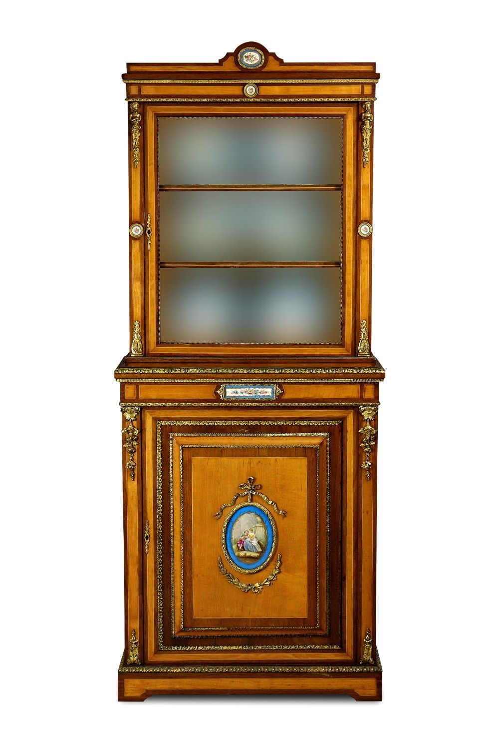 satinwood display cabinet ormolu mounts porcelain plaques
