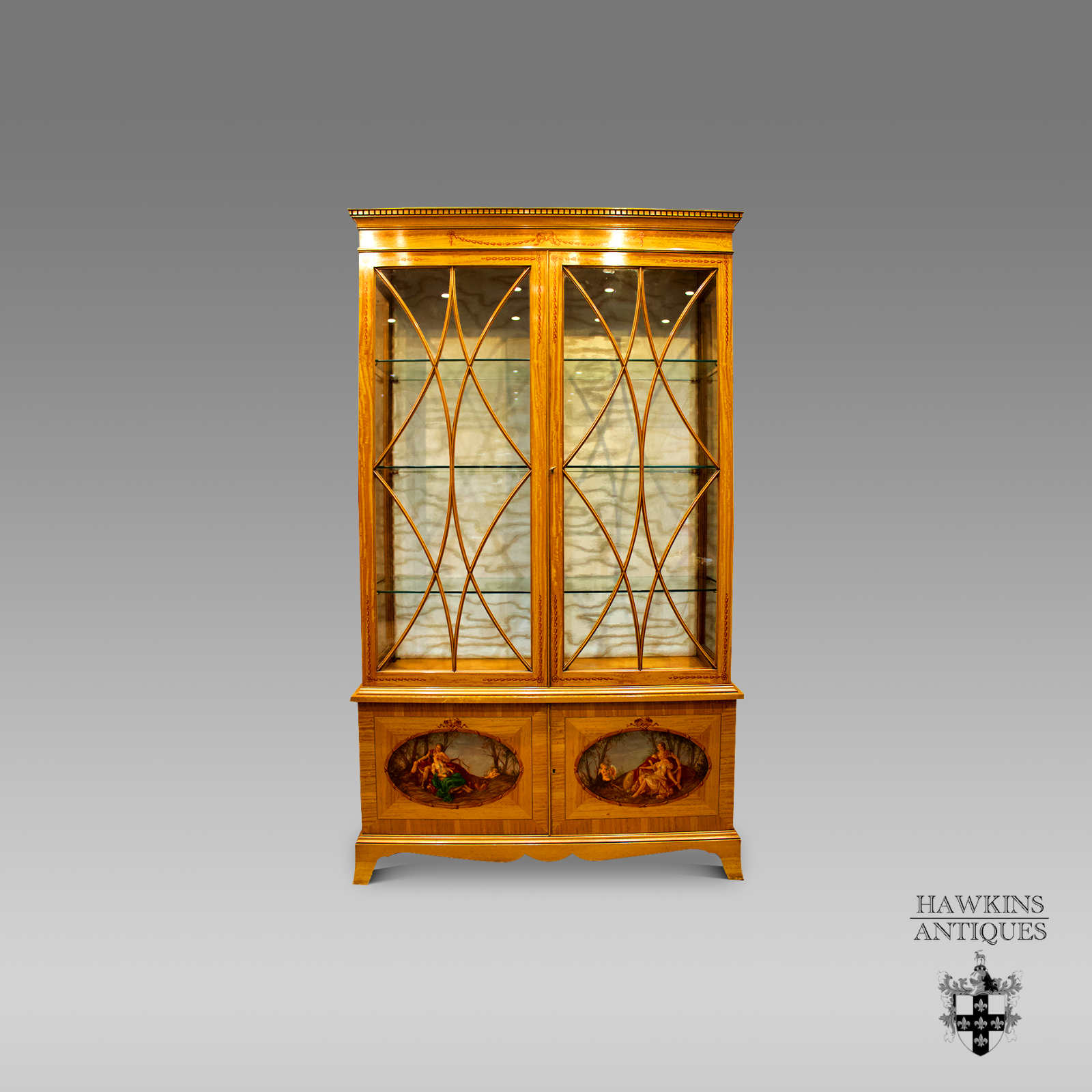 sheraton style satinwood painted display cabinet