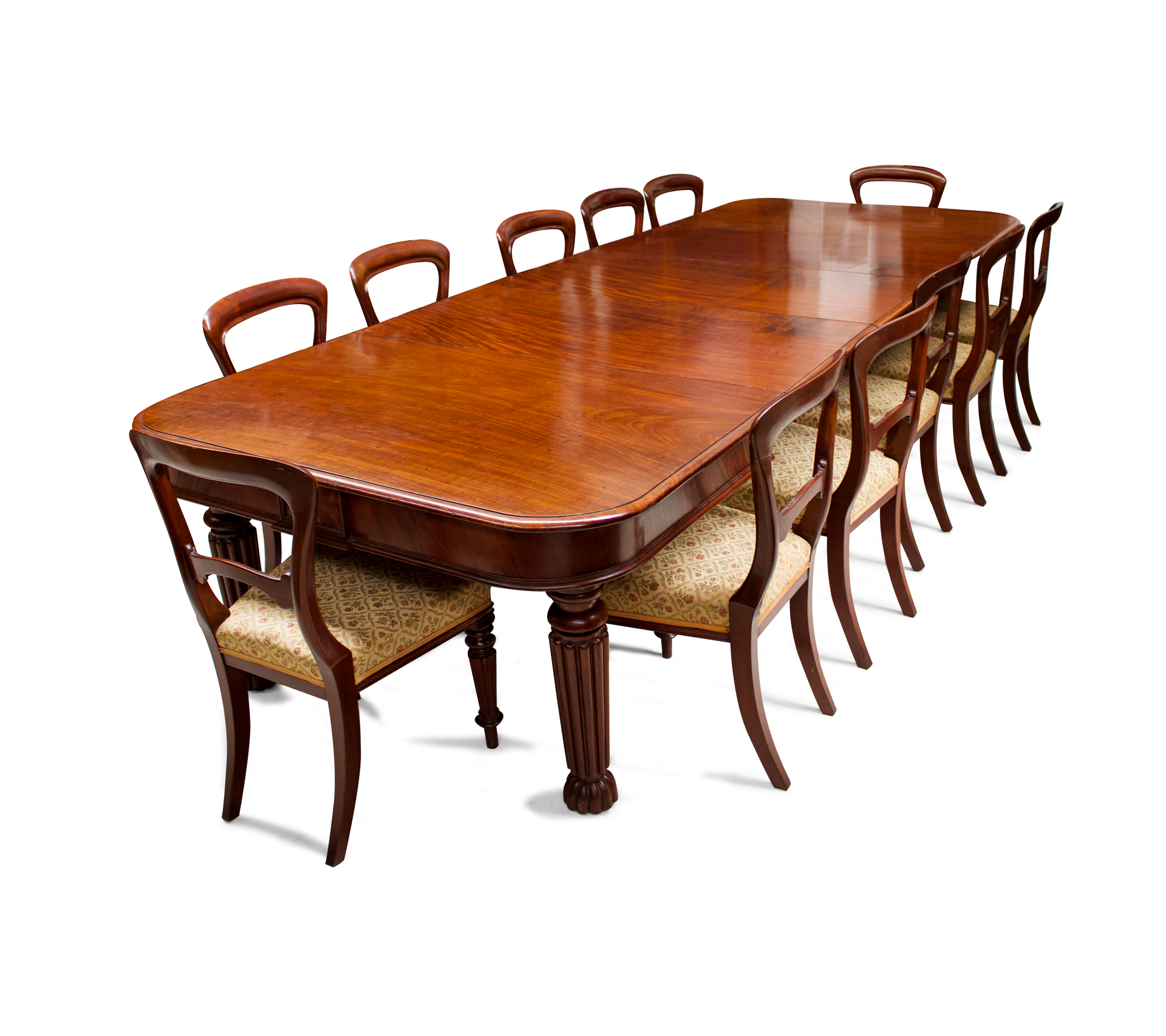 Antique mahogany dining table, 12 mahogany chairs ,reeded legs, Gillows ,Maple & Co