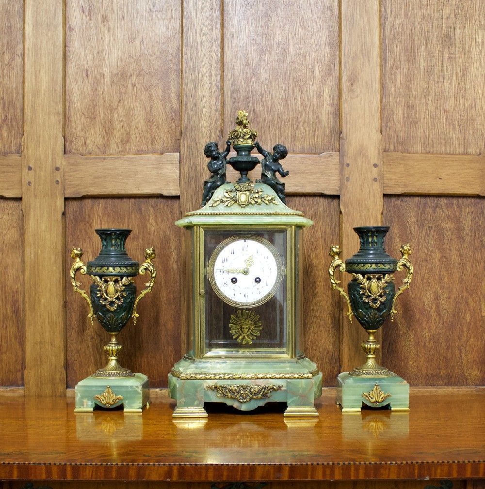 three piece onyx clock marble gilt cherubs