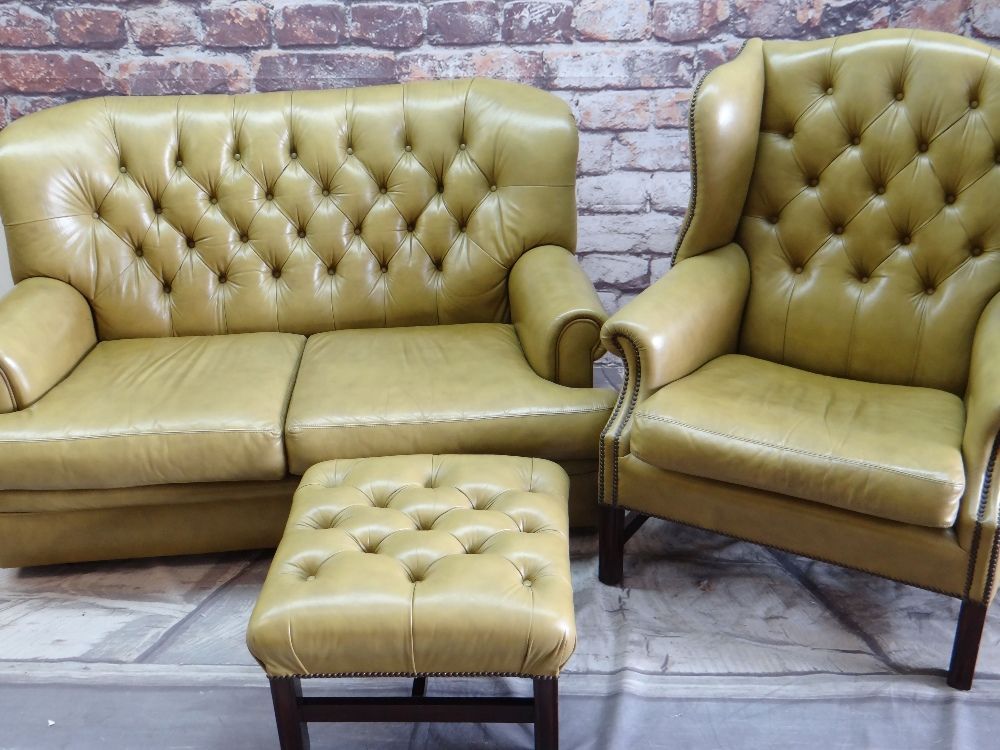 A Vintage Set of Green Leather 5 Piece Sofa Settee Suite