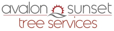 Avalon Sunset Tree Services logo with gray and red text and a red sun/tree graphic