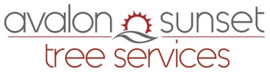 Avalon Sunset Tree Services logo with gray and red text and a red sun/tree graphic