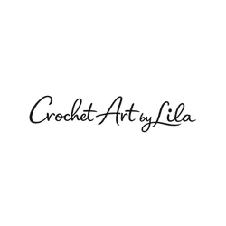 Crochet Art by Lila, script font logo on a white background.