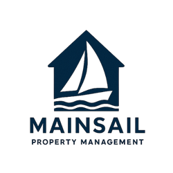 Logo for Mainsail Property Management: sailboat within a house outline, navy blue on white background.