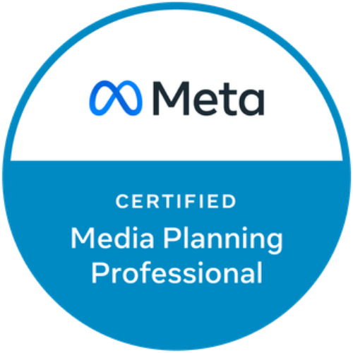 Meta Certified Media Planning Professional badge: Blue and white circle with Meta logo and text.