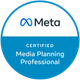 Meta Certified Media Planning Professional badge: Blue and white circle with Meta logo and text.