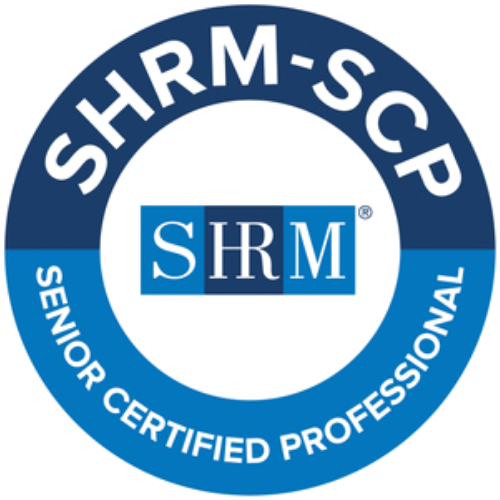 SHRM-SCP certification badge: Blue and white circular logo with 