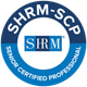 SHRM-SCP certification badge: Blue and white circular logo with