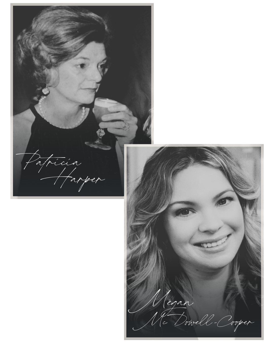 Two black and white photos of women. Top: woman in formal attire. Bottom: woman smiling.