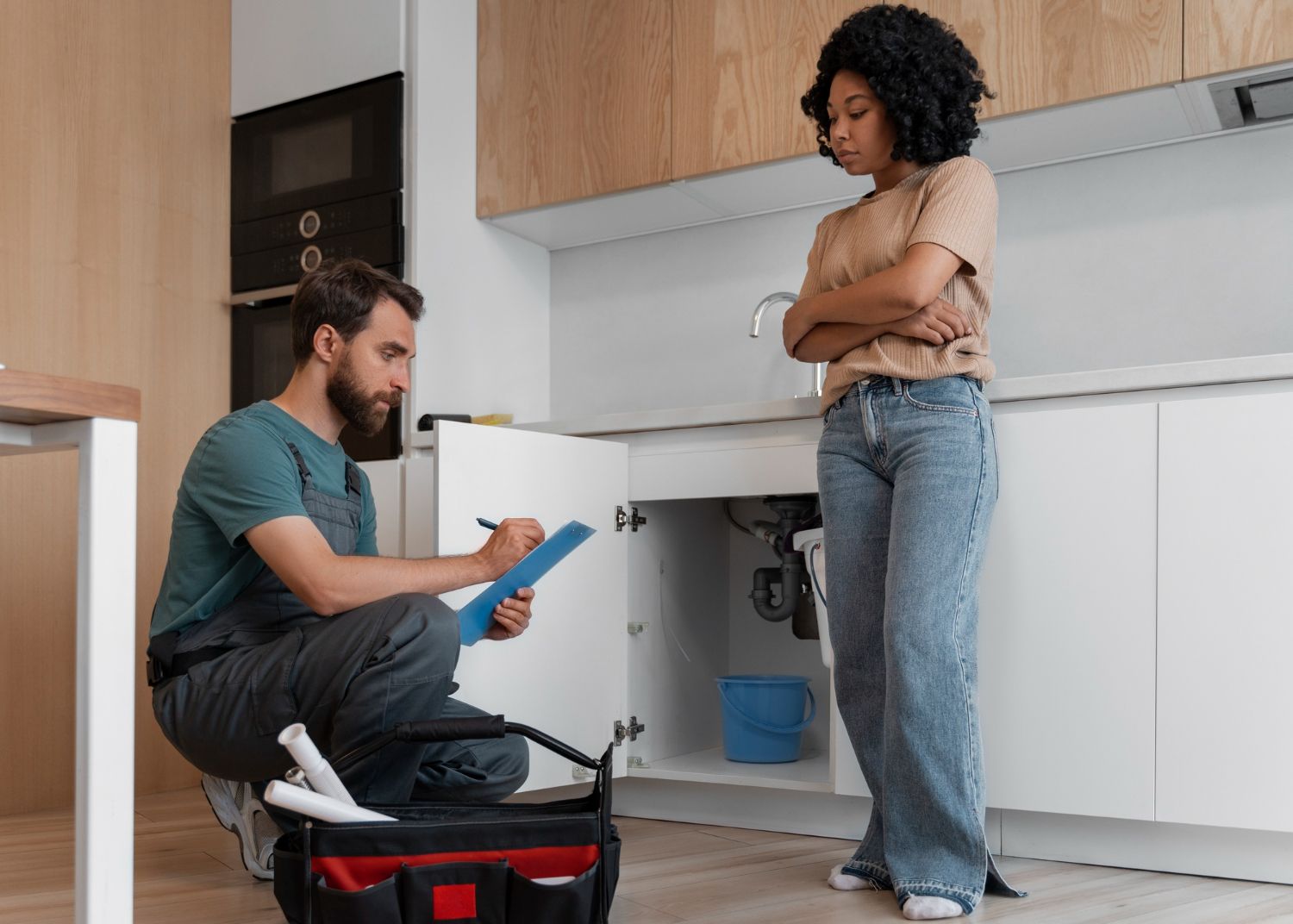 A man is kneeling down in front of a woman in a kitchen while holding a clipboard.