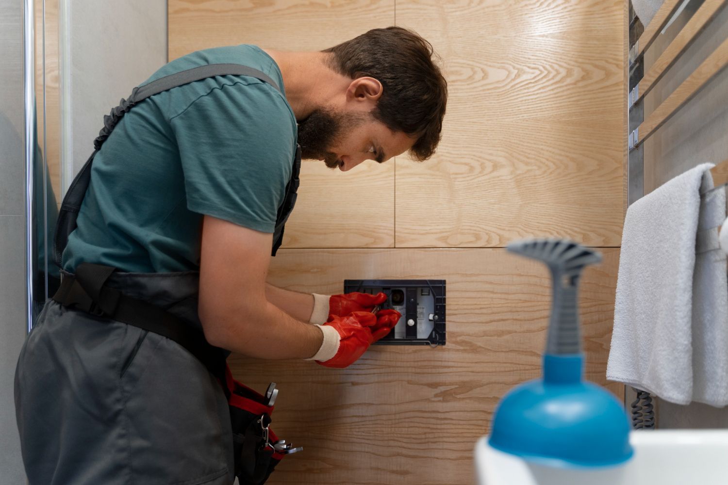 A man is fixing a faucet in a bathroom.