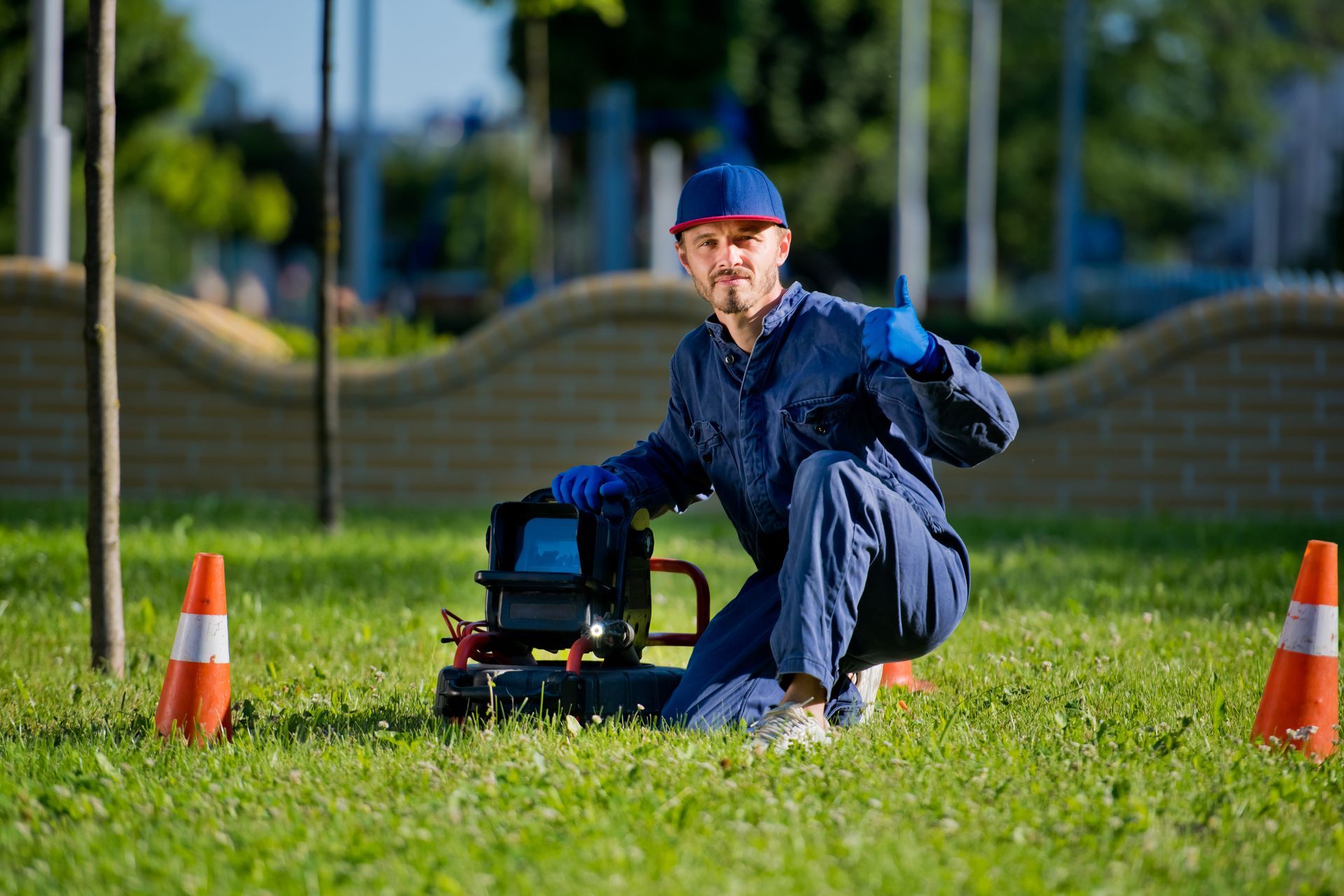 A man is kneeling in the grass with a camera and giving a thumbs up.