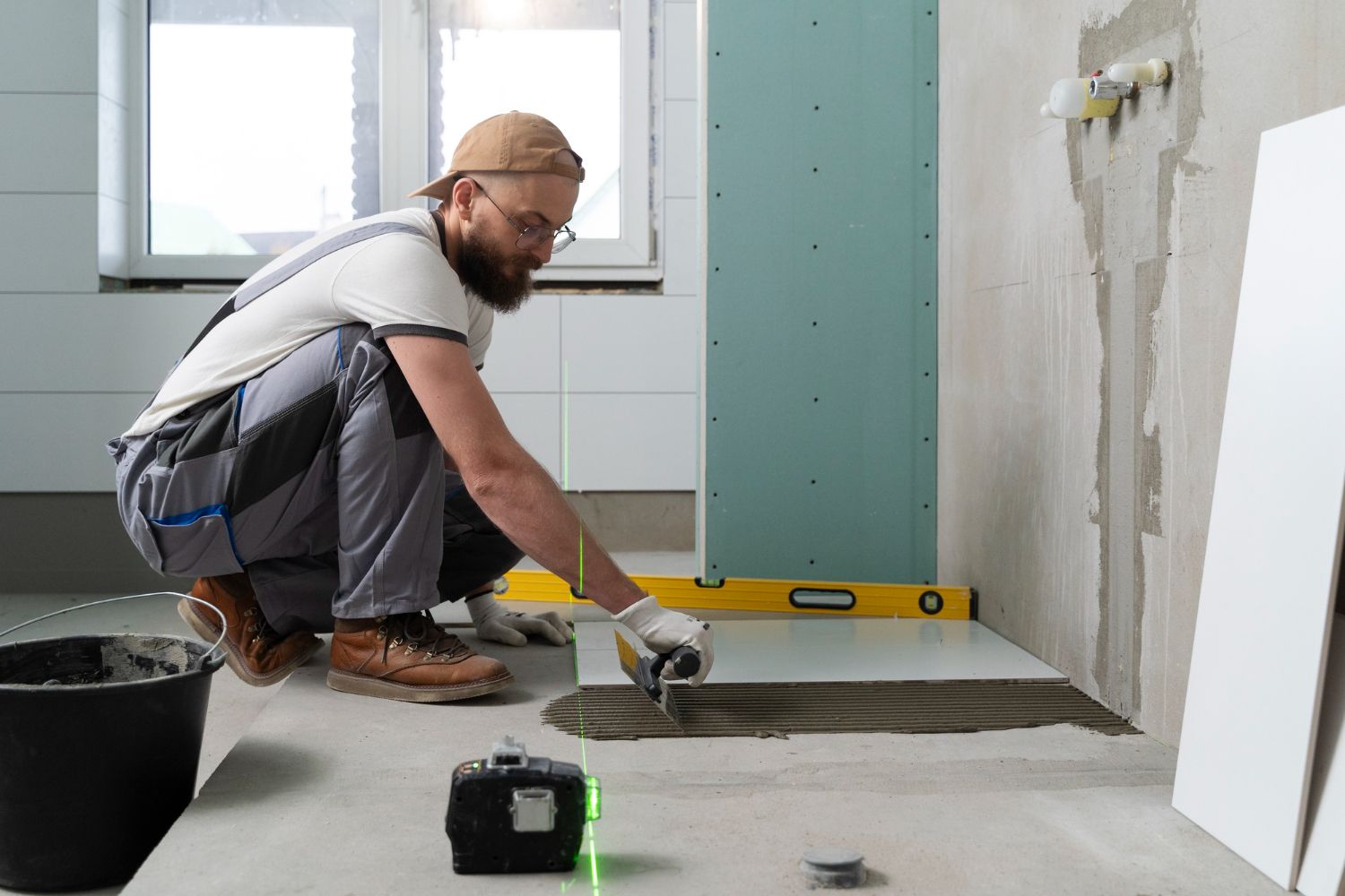 A man is kneeling down in a bathroom while laying tiles on the floor.