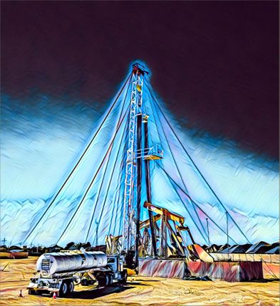 A painting of an oil rig with a tanker truck in the foreground