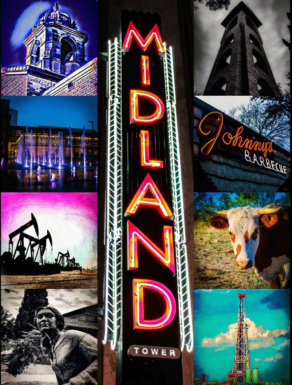 A neon sign that says midland tower on it