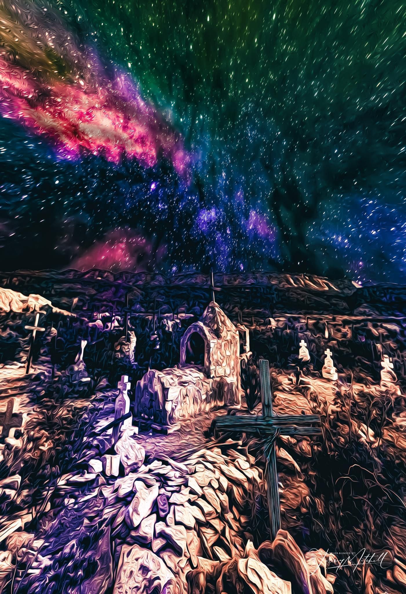 A painting of a landscape with a galaxy in the background.