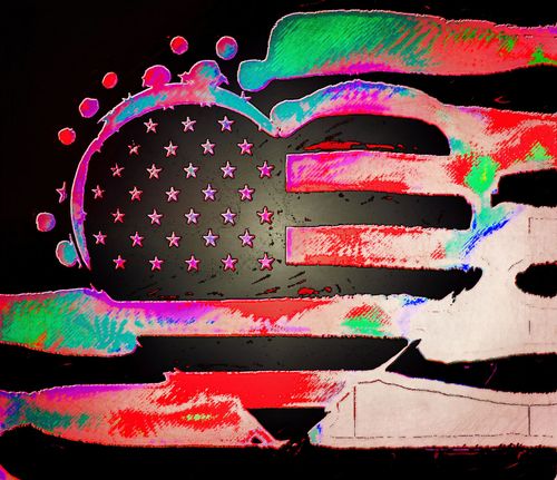 A colorful drawing of an american flag with a skull in the middle