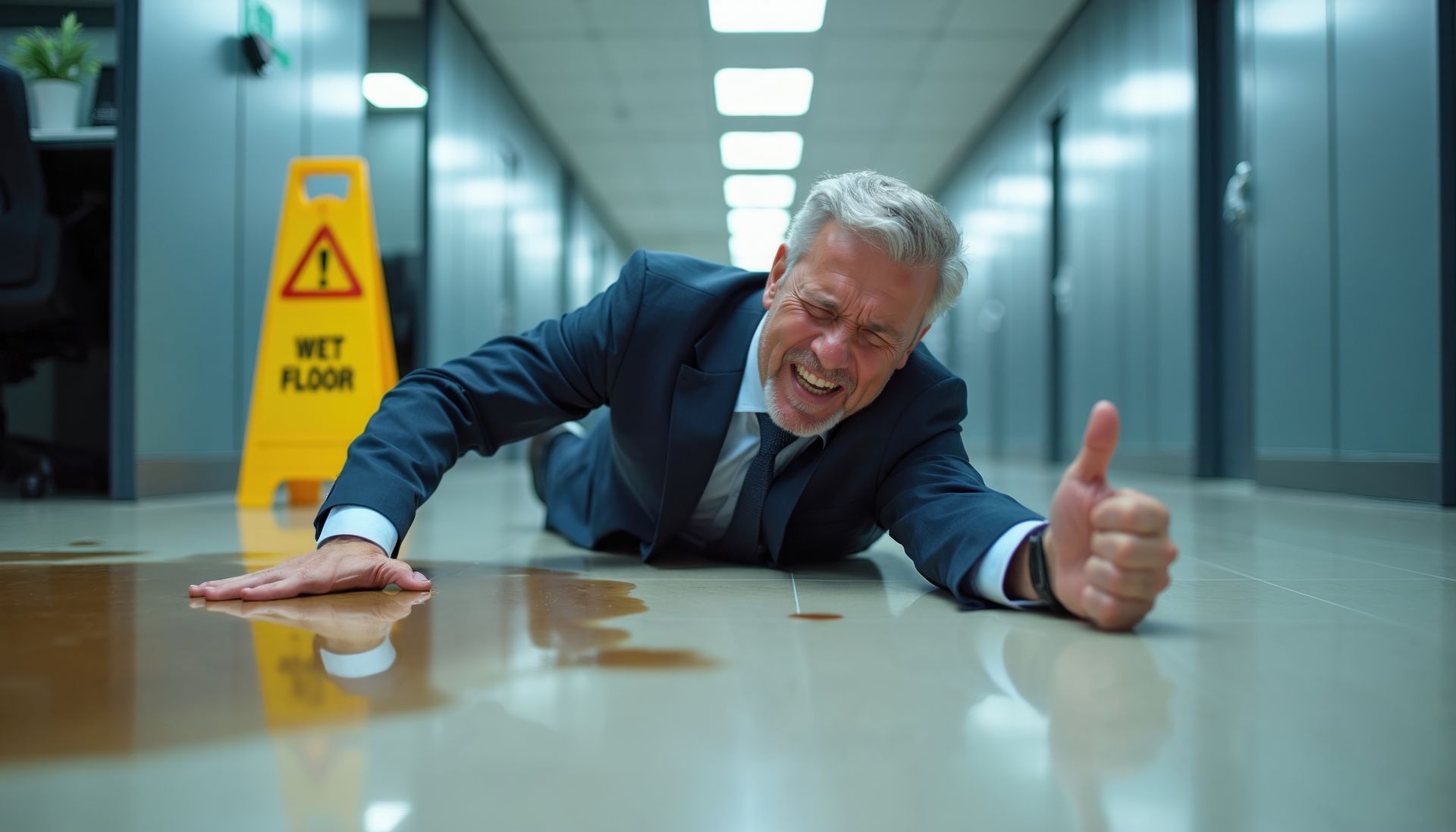 Older businessman in a suit fallen in pain on a wet tiled floor by a yellow wet floor caution sign.