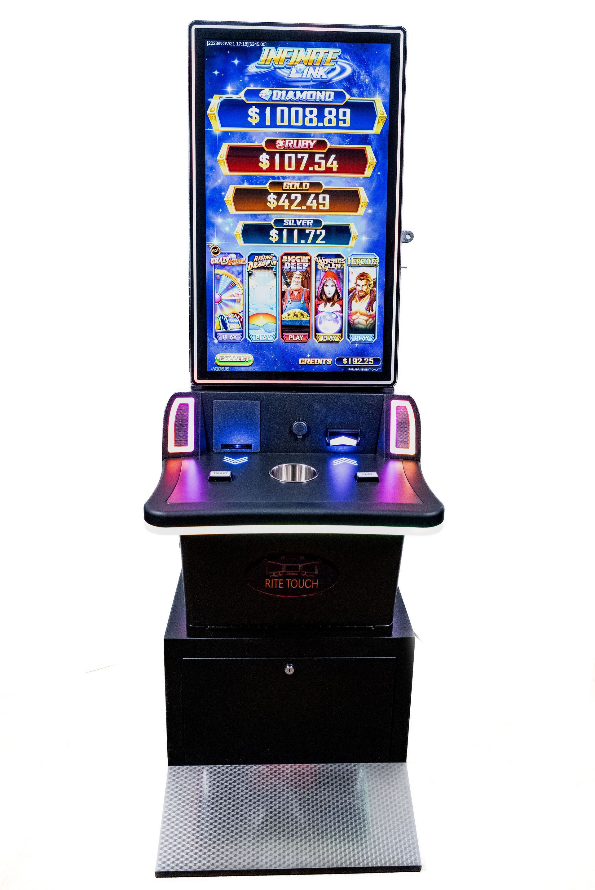 Slot machine with a tall screen displaying game graphics and jackpot amounts, situated in a brightly lit room.