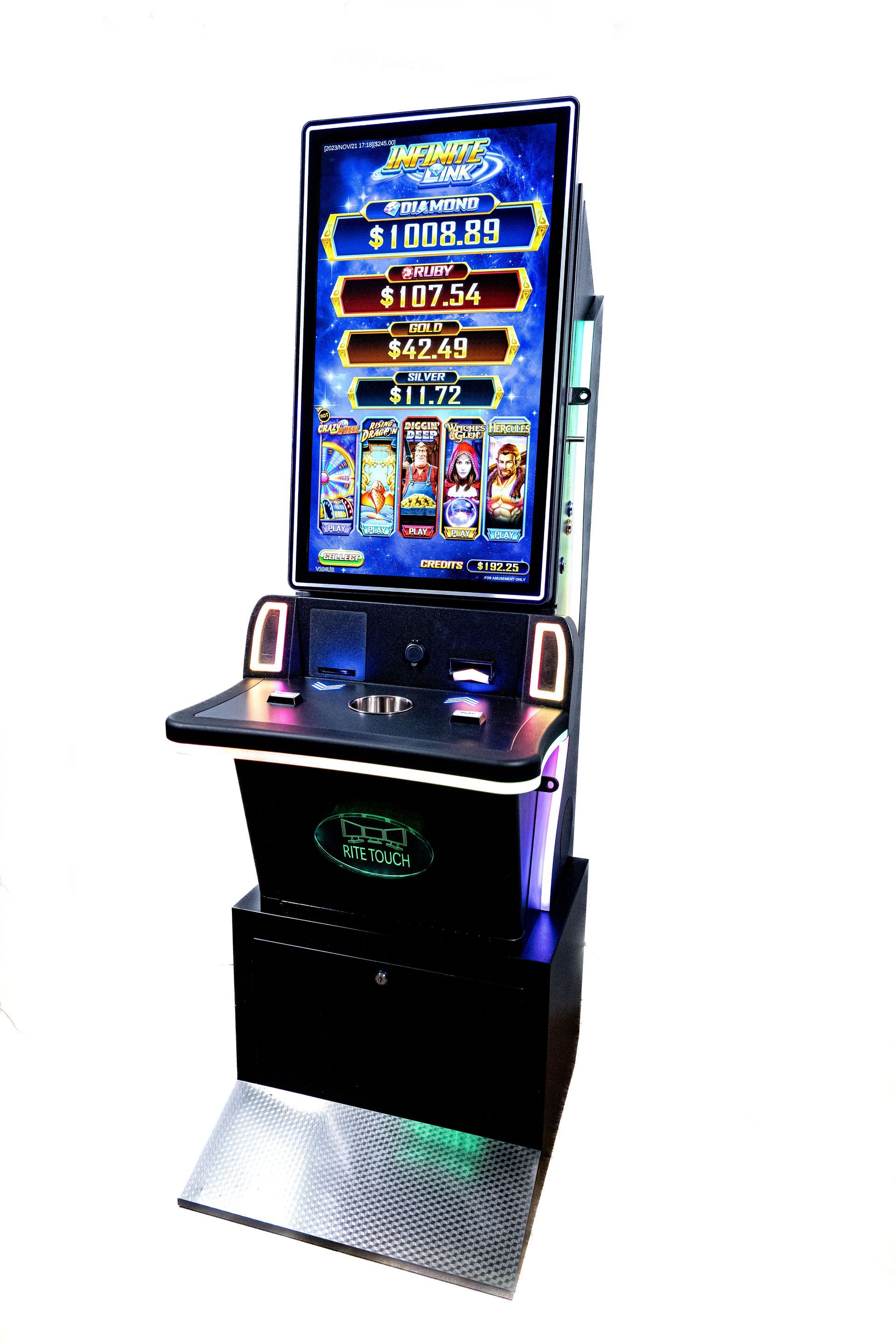 Slot machine with a tall screen displaying game details, set in a casino. The machine is black with blue and green accents.