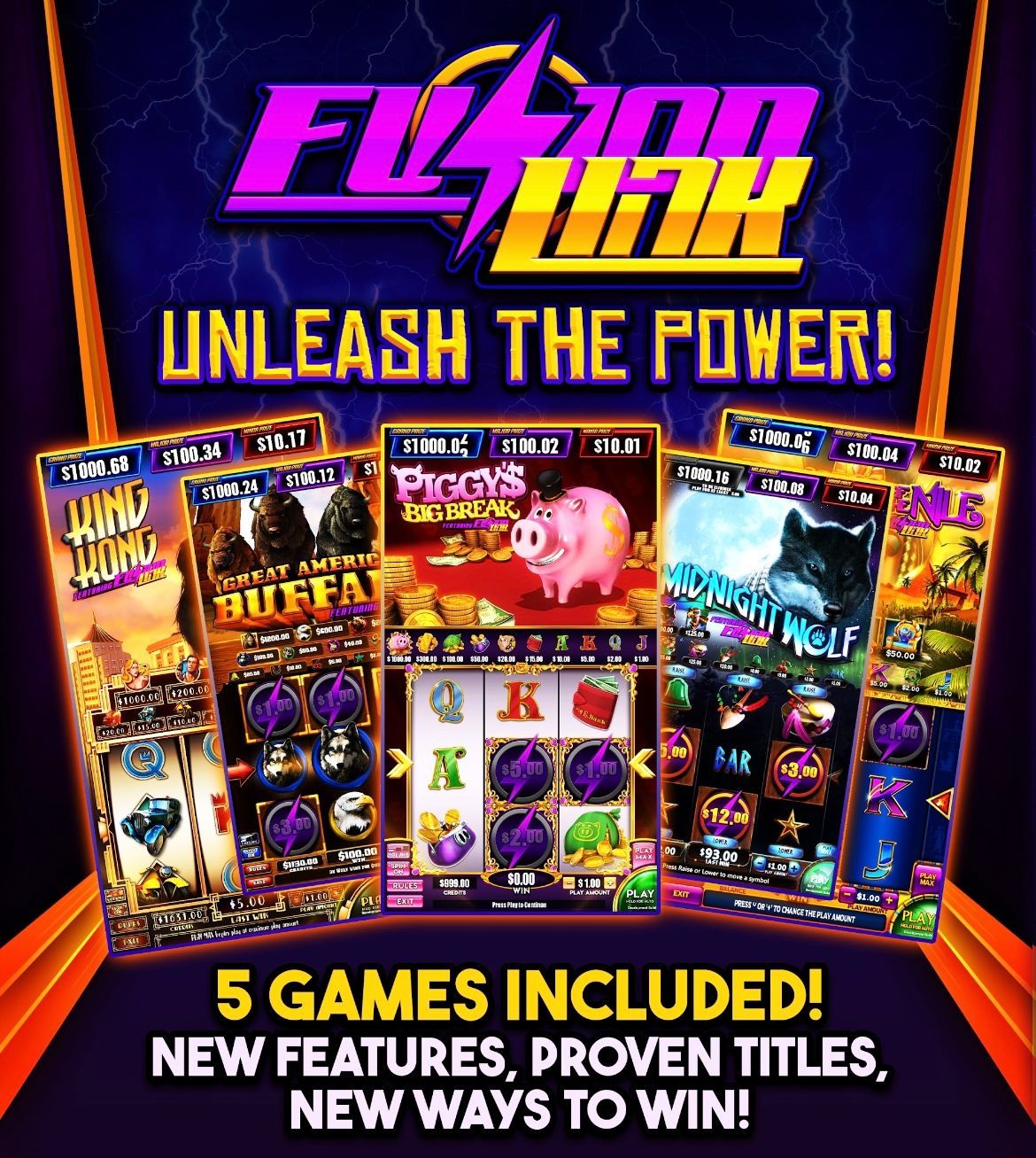 Fusion Link slot machine ad featuring five games, with a purple and orange theme.