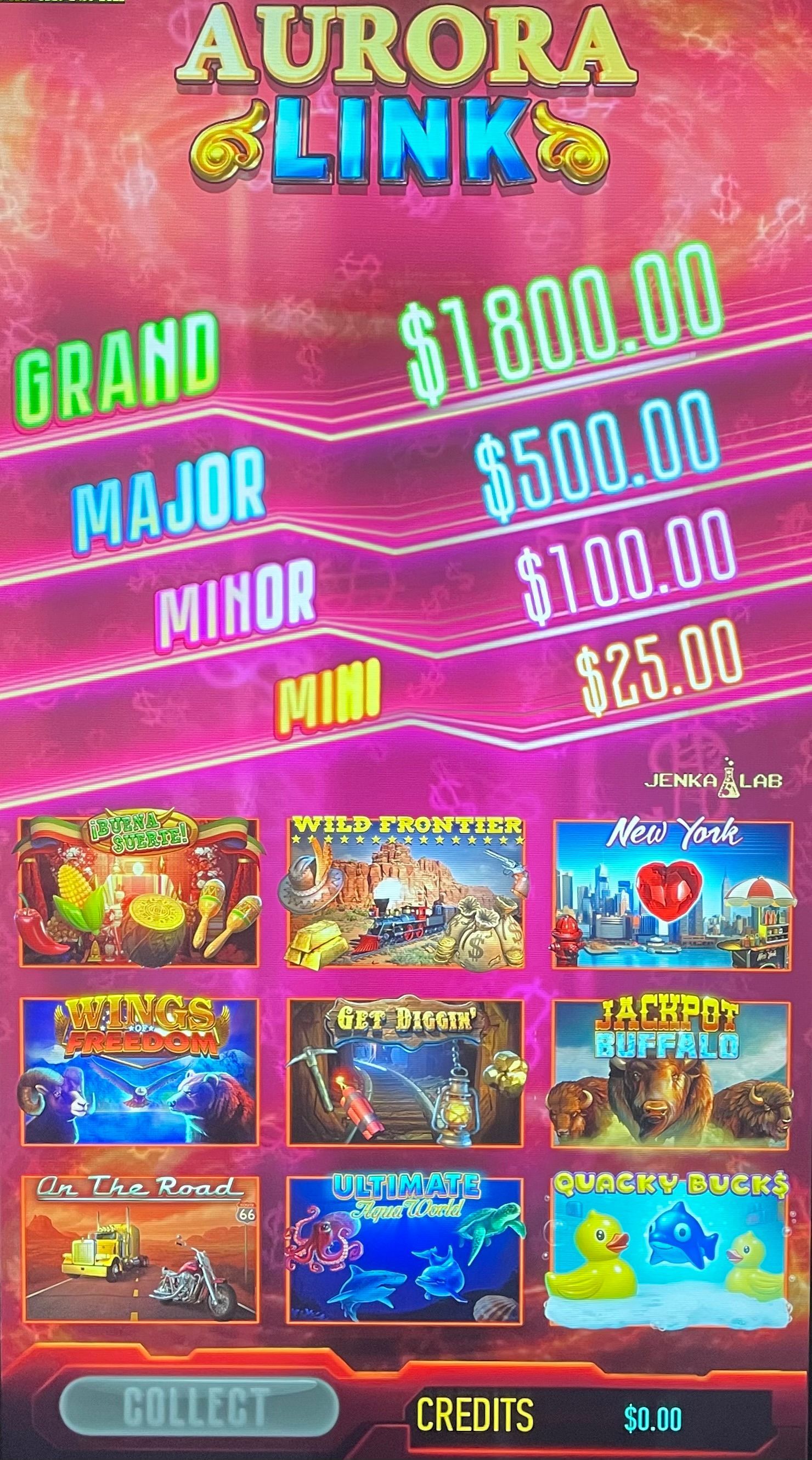 Aurora Link slot machine displaying jackpot values: Grand $1800, Major $500, Minor $100, Mini $25, and game selections.