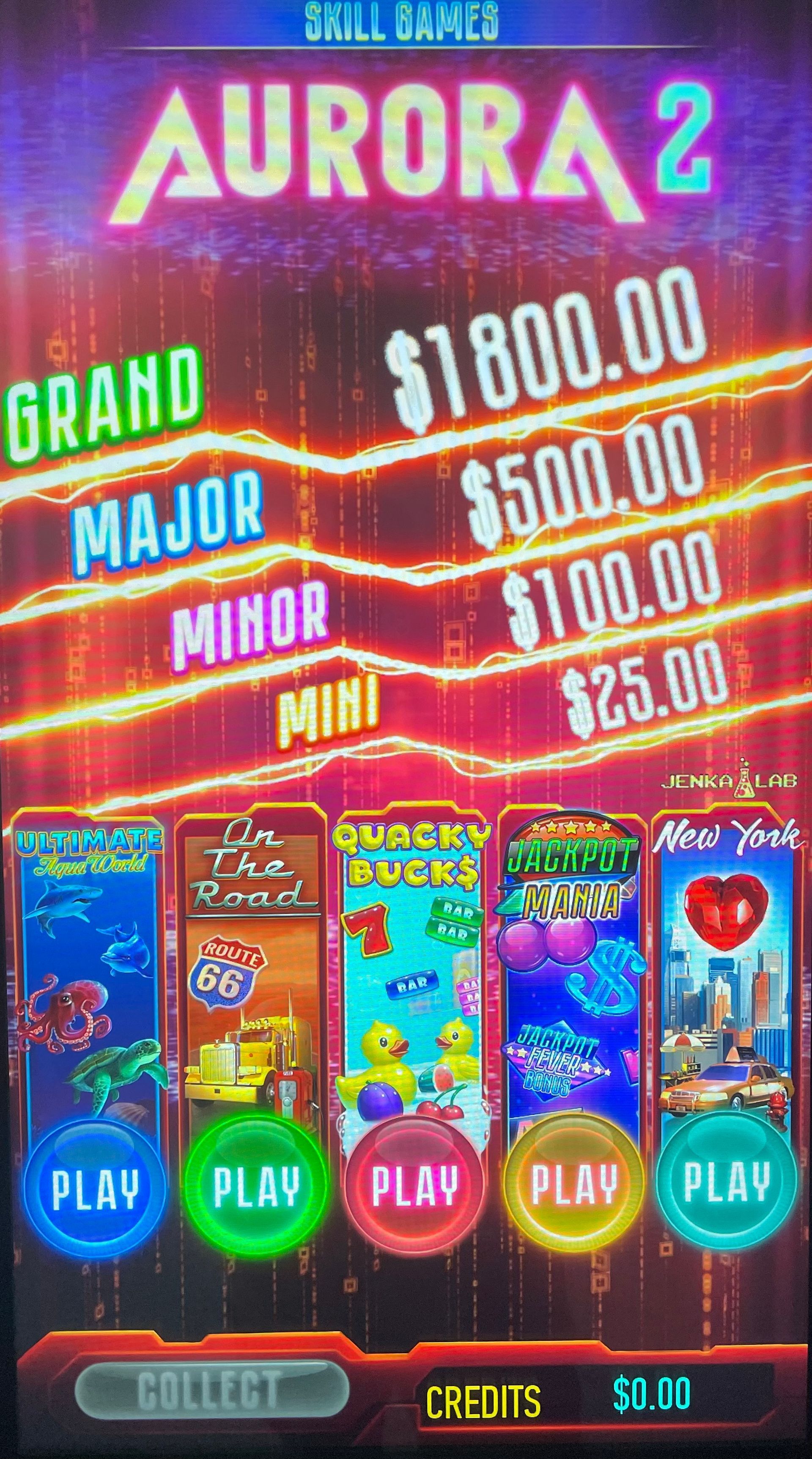 Slot machine display: Aurora 2 game with four jackpot amounts listed. Five different themed game options are shown.