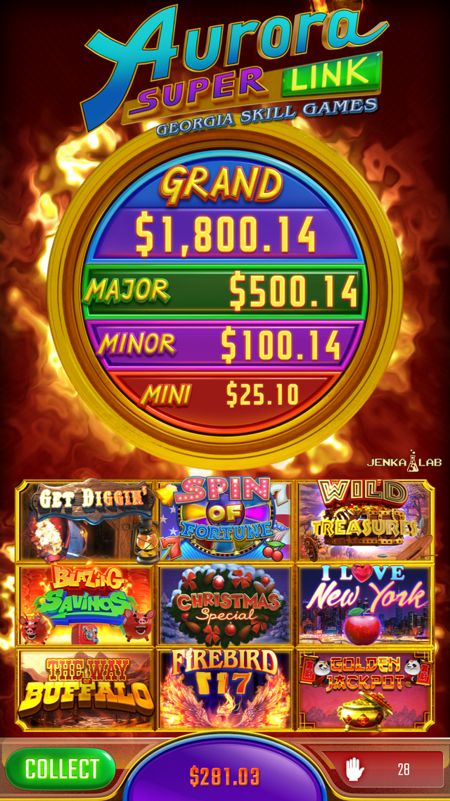 A screenshot of a slot machine with a grand prize of $ 1,800.00.